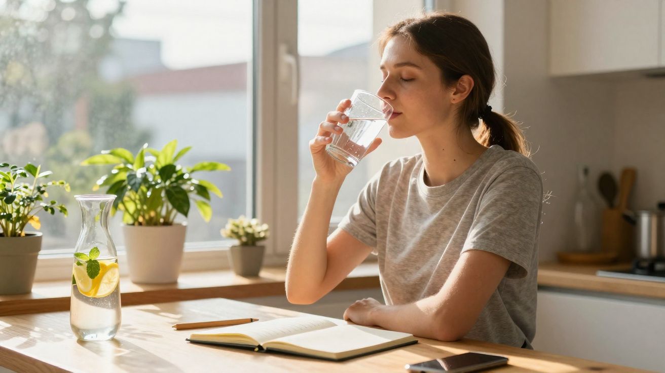 Mulher jovem tomando água em copo sentada à mesa com caderno aberto em ambiente iluminado natural.