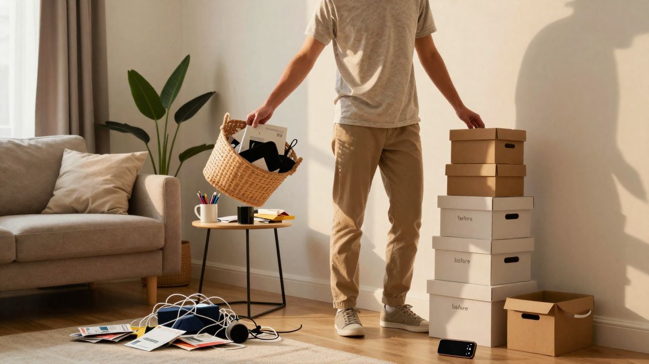 Pessoa organizando caixas de papelão e itens eletrônicos em sala de estar com sofá e mesa lateral.