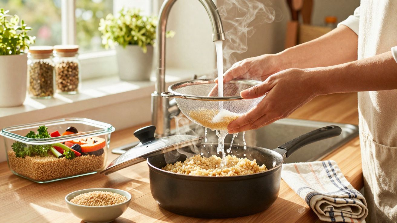 Pessoa enxaguando grãos em peneira sobre panela com vapor na cozinha ensolarada.