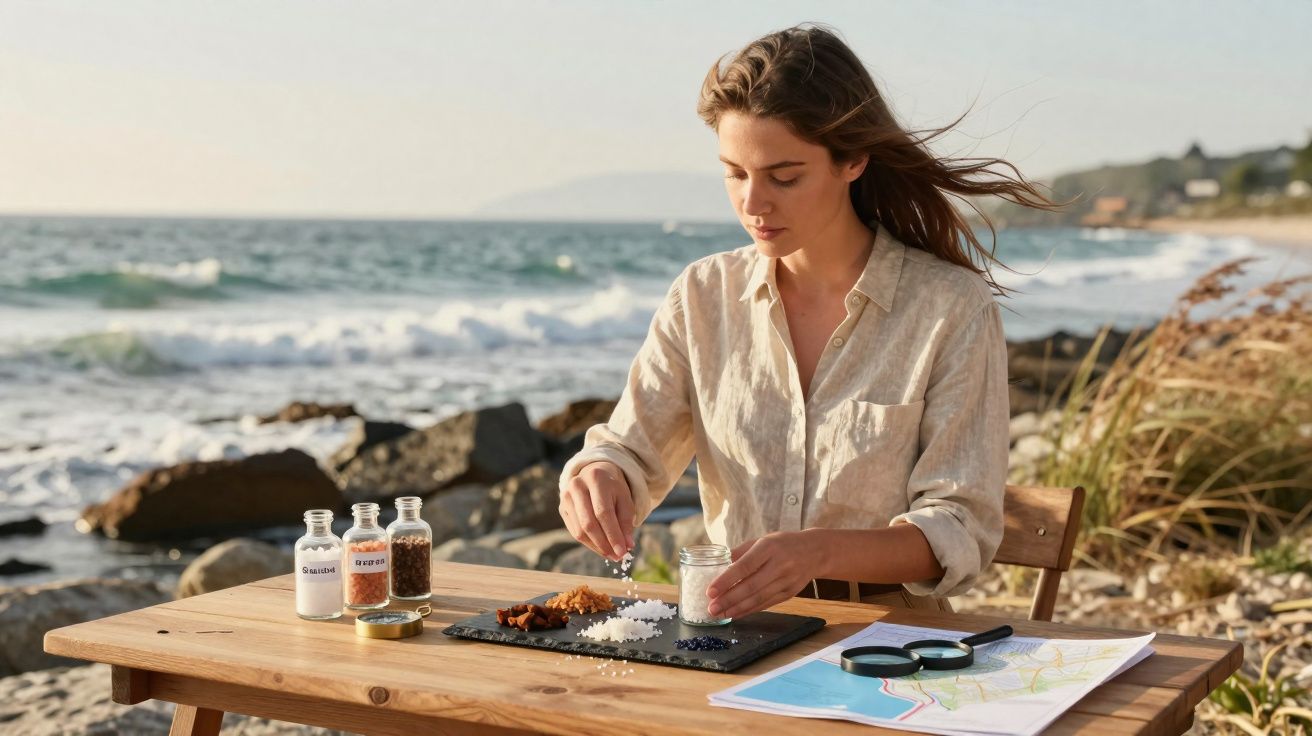 Mulher sentada em mesa de madeira na praia organizando temperos ao lado de mapas e lupas.