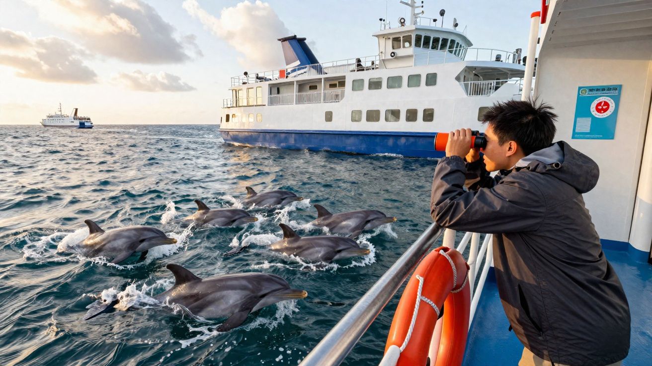 Homem observa golfinhos no mar usando binóculo em barco próximo a outro navio ao amanhecer.