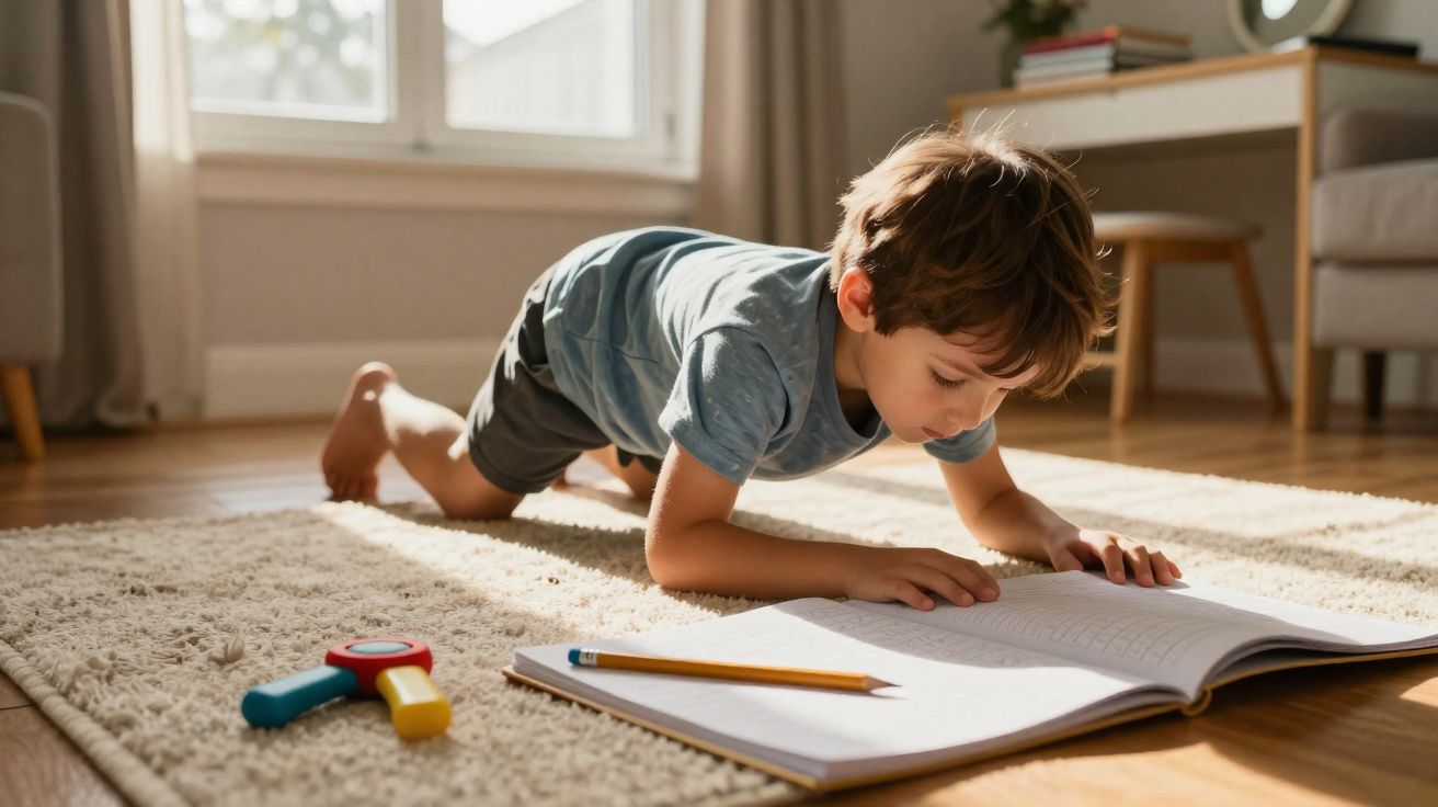 Menino debruçado lendo livro aberto no chão de uma sala iluminada pela luz natural.
