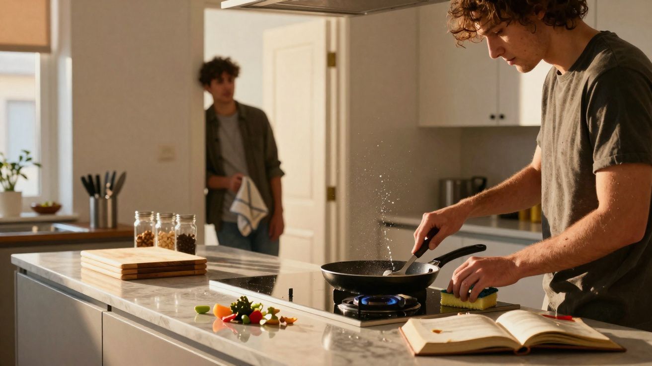 Jovem cozinhando e temperando alimentos em cozinha moderna com livro aberto e outra pessoa ao fundo.