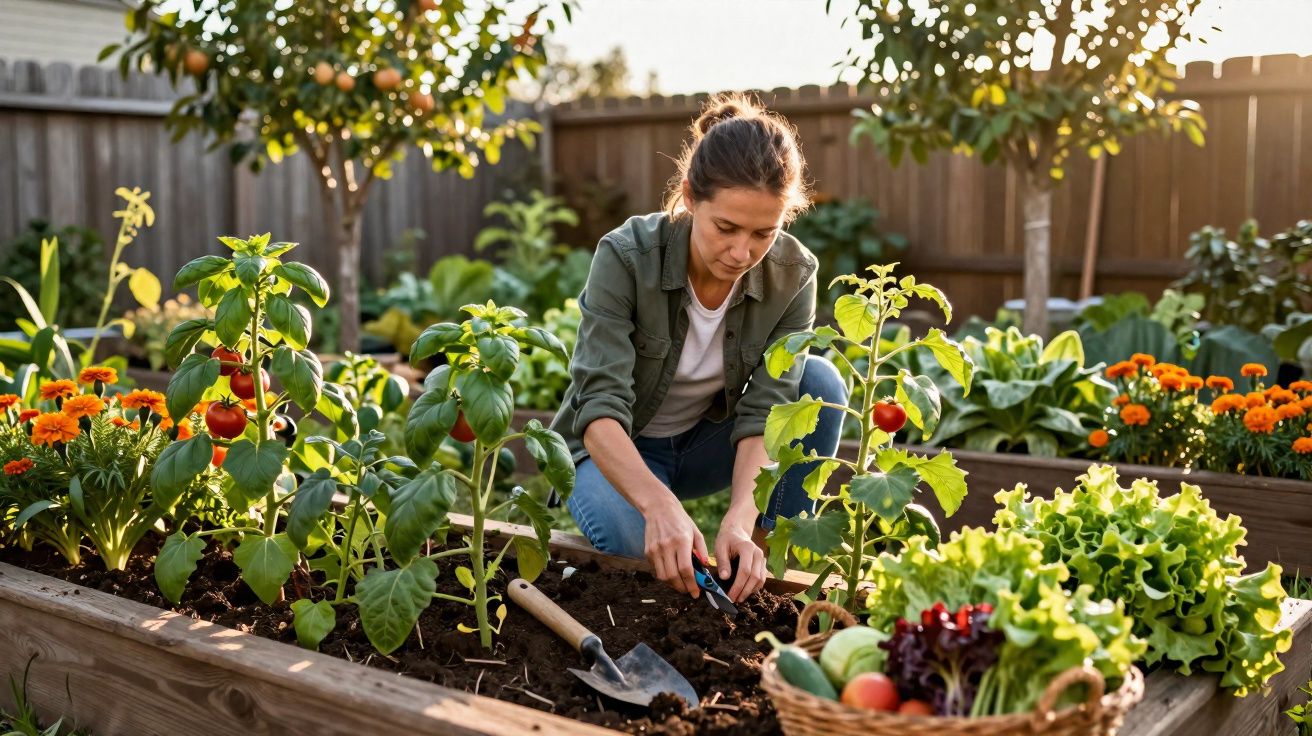 Mulher cuidando de plantas em horta elevada com vegetais e flores ao redor em área externa.