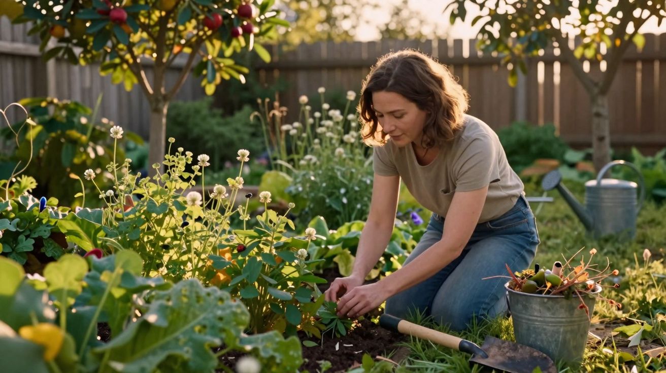 Mulher cuidando de plantas em jardim com regador, pá e cesta de colheita ao redor.