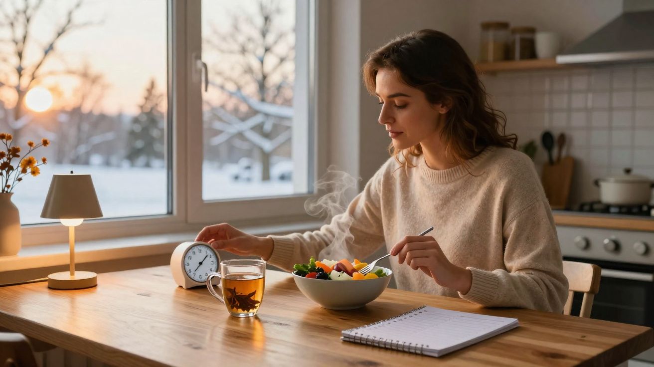 Mulher sentada à mesa com salada, chá, caderno e despertador em ambiente de cozinha ao amanhecer.