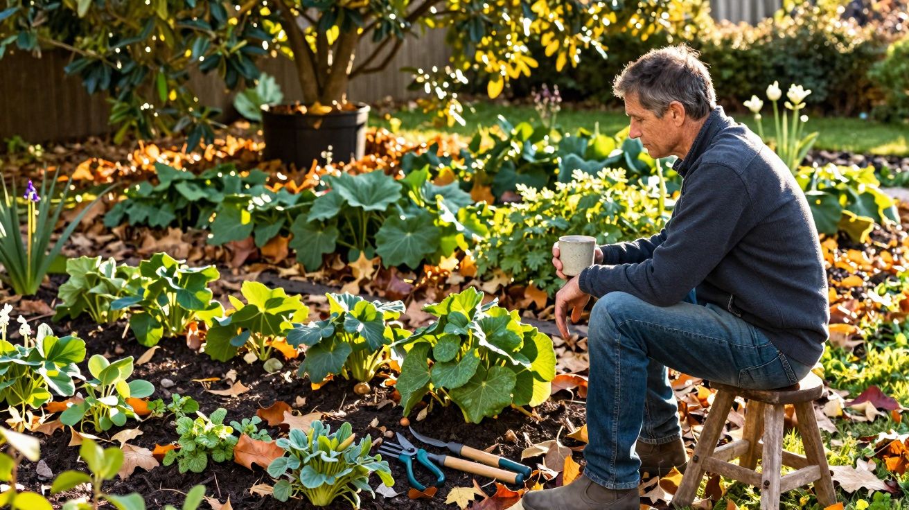 Homem sentado em banquinho, segurando caneca, observando plantas e flores em um jardim ensolarado.