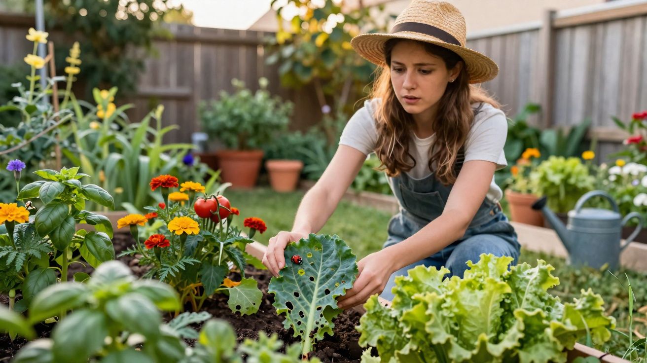 Jovem jardineira com chapéu verifica planta com joaninha em horta caseira com flores e verduras.