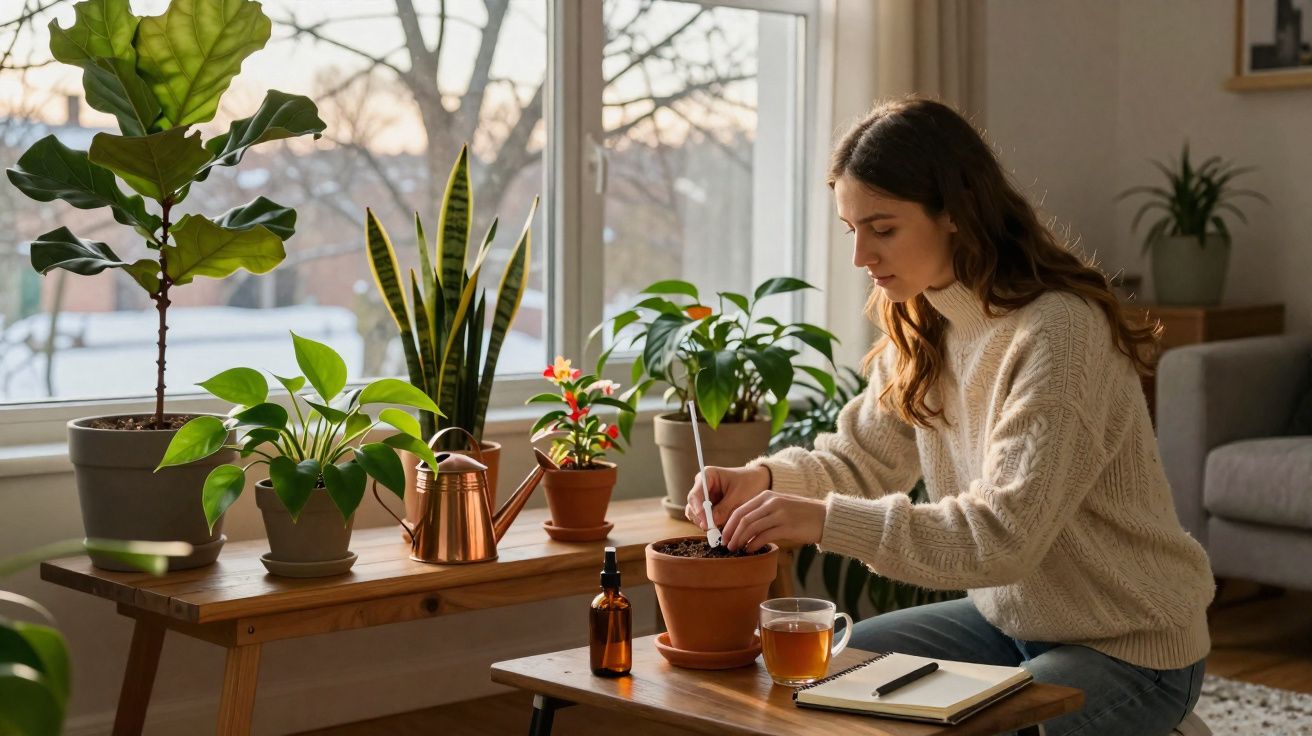 Mulher cuidando de planta em vaso dentro de casa com várias plantas em mesa próxima à janela.