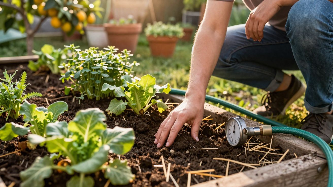 Pessoa agachada cuidando de horta com plantas verdes e regador em canteiro de madeira.