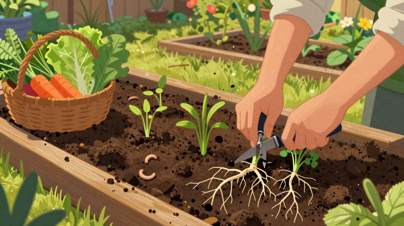 Pessoa removendo ervas daninhas com tesoura em canteiro de jardim com cesta de legumes ao lado.
