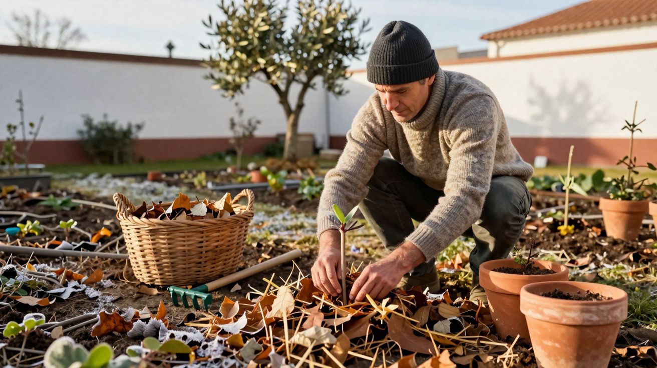 Homem cuidando de muda no jardim com folhas secas e vasos ao redor em dia ensolarado.