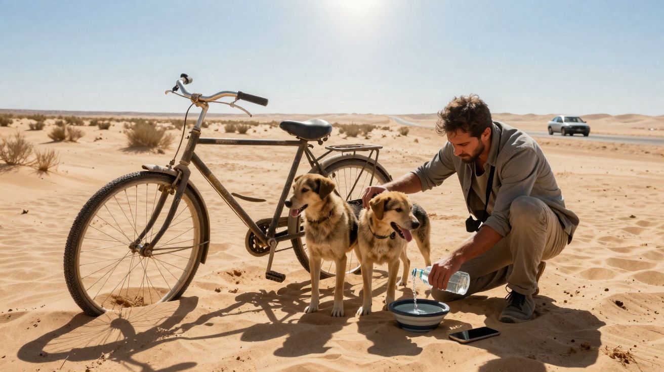 Homem em deserto dá água para dois cães ao lado de bicicleta antiga e carro ao fundo.