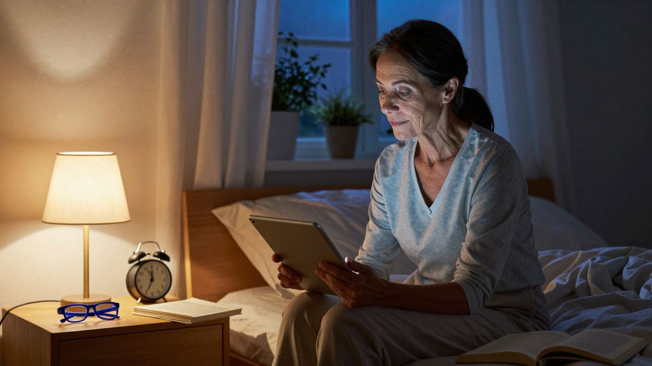 Mulher madura sentada à noite na cama, lendo em tablet com abajur aceso ao lado.