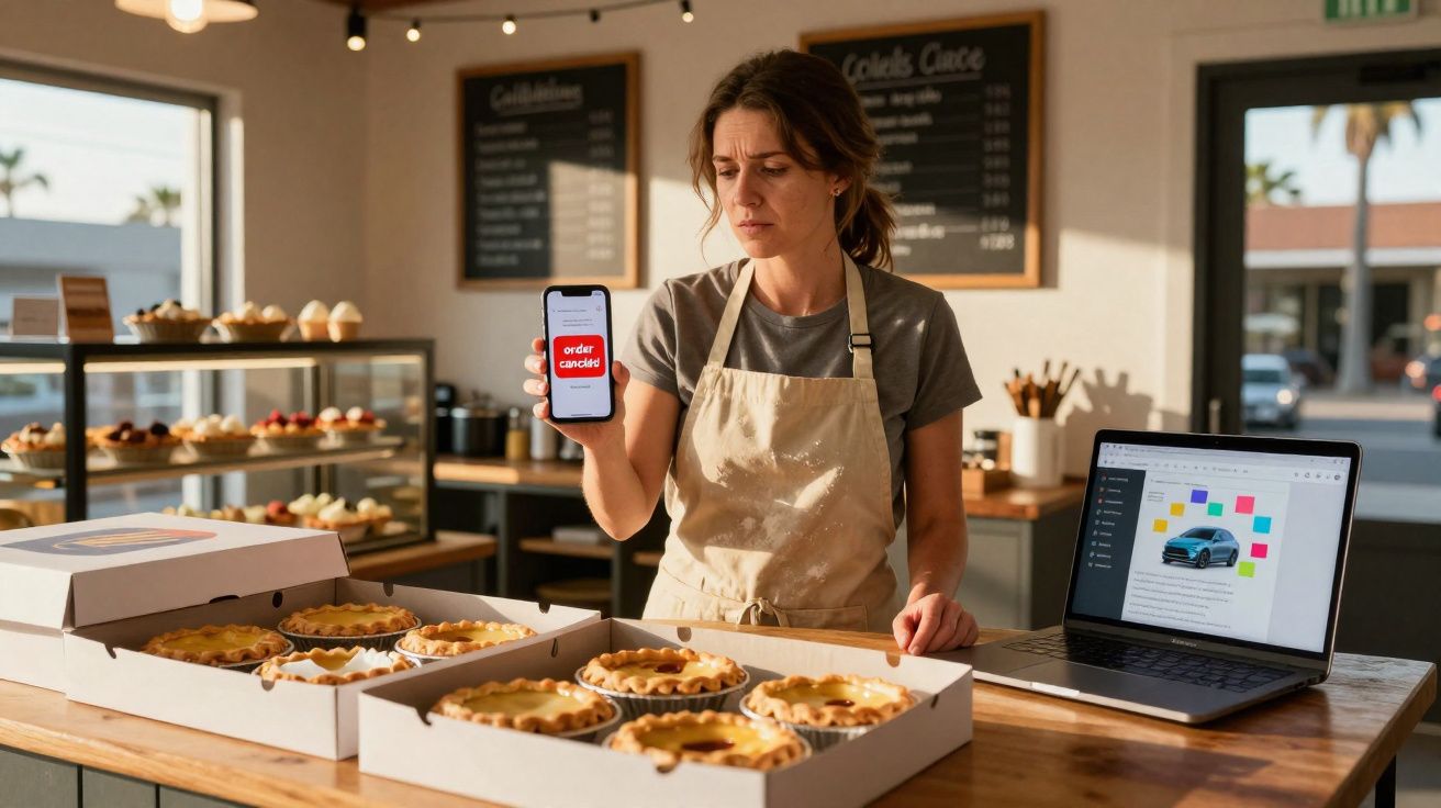 Mulher em confeitaria mostrando celular com aviso de pedido cancelado e tortas sobre a mesa.