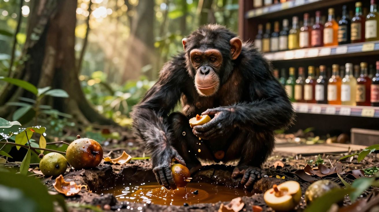 Chimpanzé segurando frutas perto de poça de água com prateleiras de bebidas ao fundo em ambiente natural.