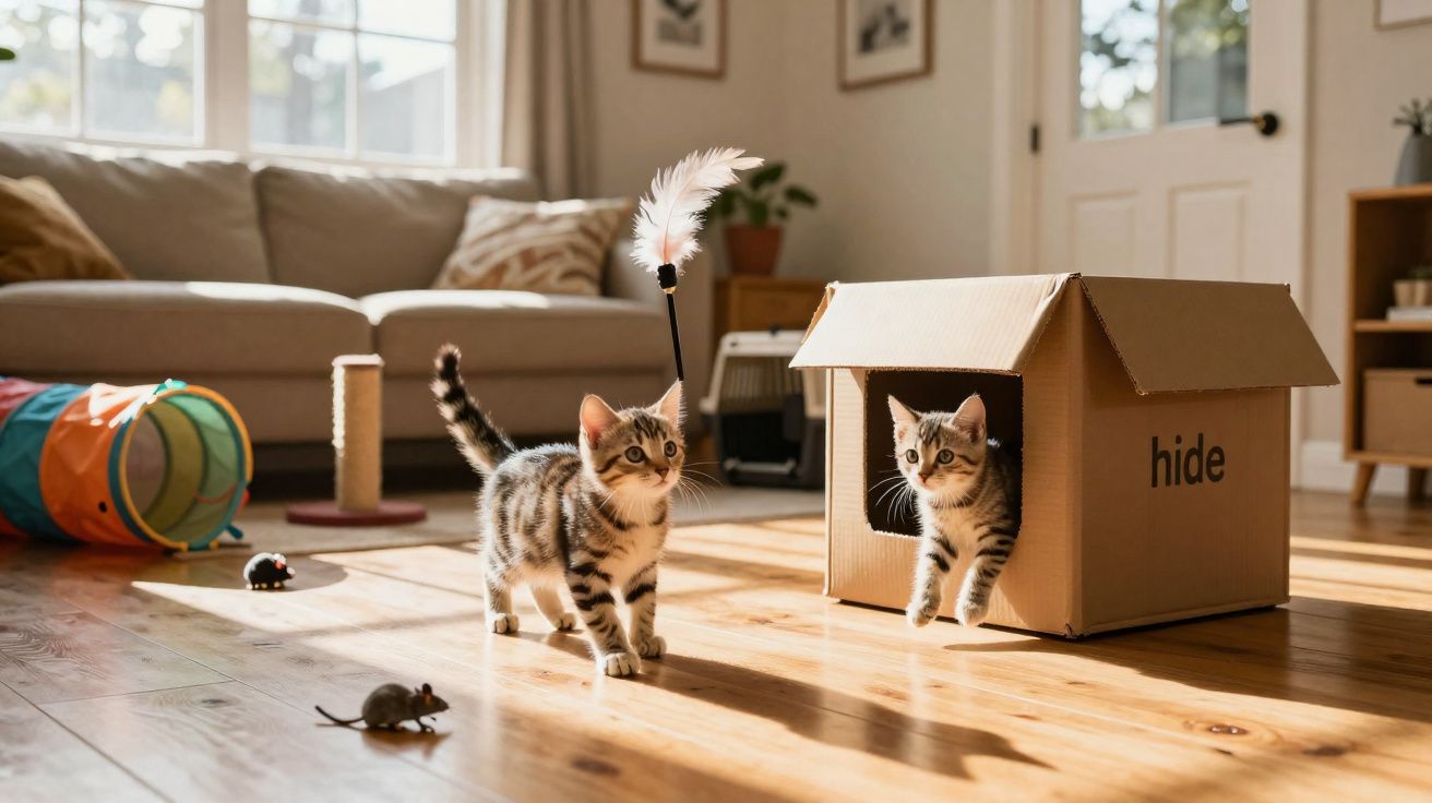 Dois gatinhos brincando perto de caixa de papelão em sala iluminada pelo sol.