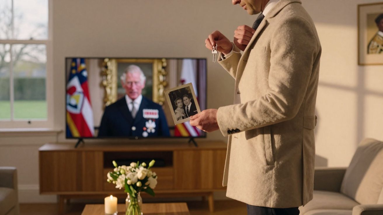 Homem de terno bege segura chave e foto antiga enquanto assiste a homenagem na TV a príncipe em uniforme.