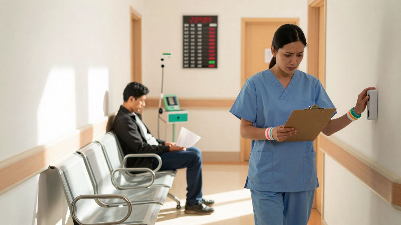 Enfermeira consulta registro em prancheta enquanto paciente espera sentado em corredor de hospital.