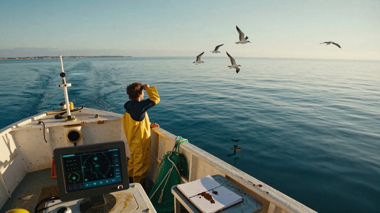 Criança com roupa amarela observa gaivotas voando perto de um barco em mar calmo ao amanhecer.
