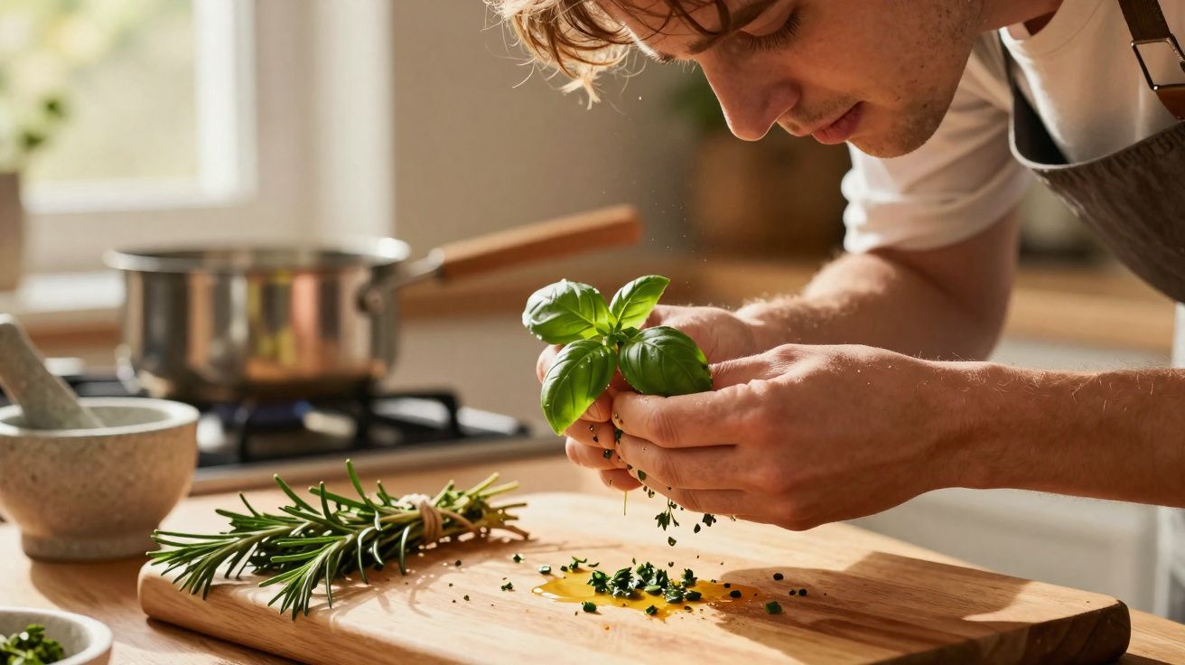 Jovem chef preparando temperos frescos em uma cozinha com panela e moedor ao fundo.