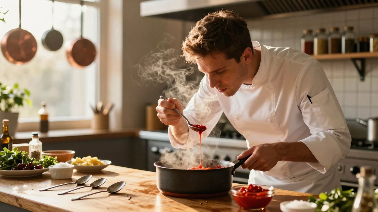Chef com jaleco branco provando molho vermelho quente em cozinha moderna e iluminada.