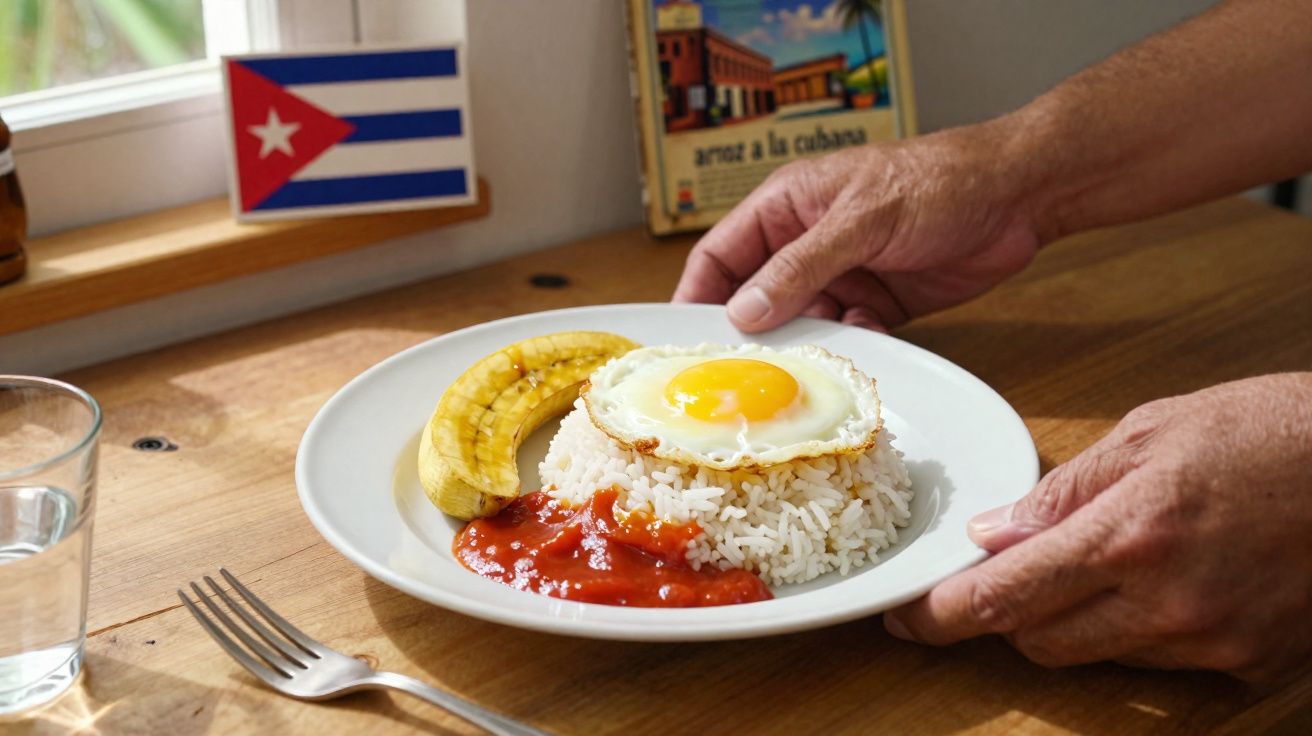 Prato com arroz, ovo frito, molho vermelho e banana ao lado de uma bandeira de Cuba sobre mesa de madeira.