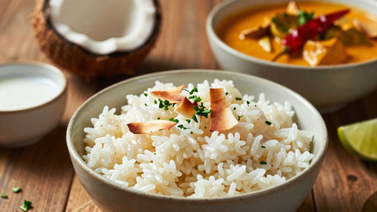 Bowl de arroz branco com chips de coco e ervas, com curry e coco ao fundo sobre mesa de madeira.