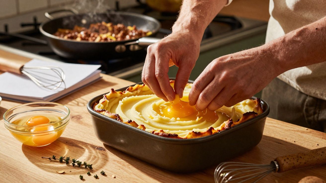 Mãos colocando gema de ovo sobre purê em travessa, com ingredientes e frigideira ao fundo na bancada.