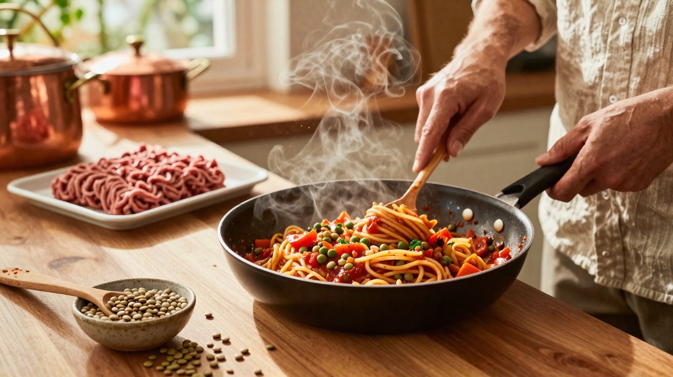 Pessoa mexendo espaguete com molho e ervilhas em frigideira, com ingredientes sobre mesa de madeira.