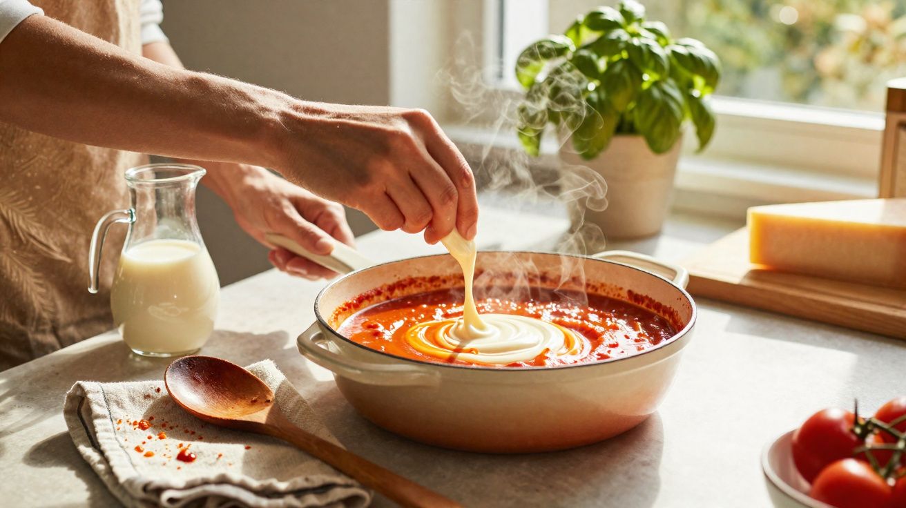 Pessoa adiciona creme em panela com sopa vermelha quente em cozinha iluminada.