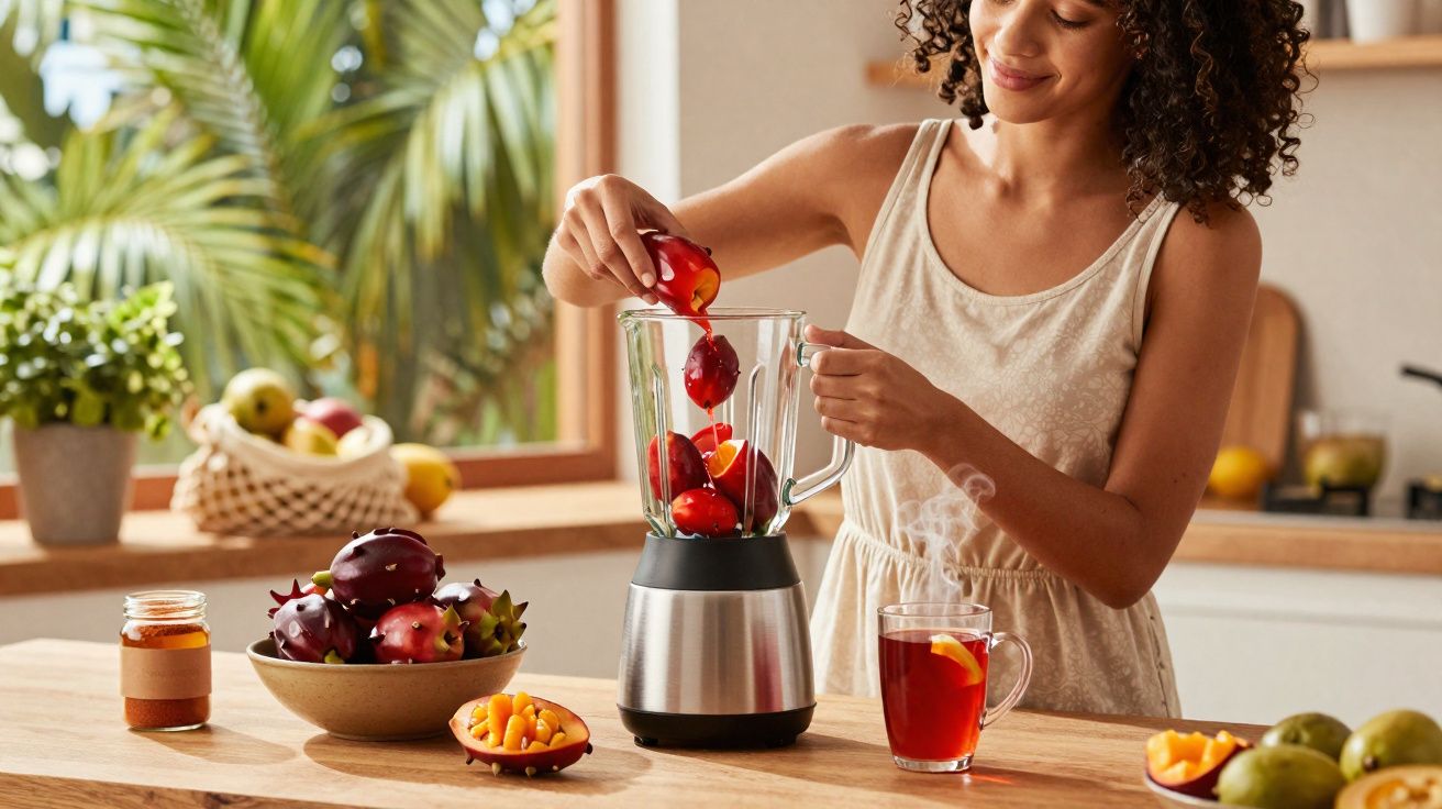 Mulher colocando frutas vermelhas no liquidificador para preparar um suco saudável na cozinha iluminada.