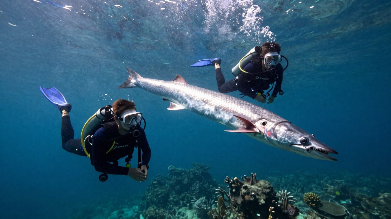 Dois mergulhadores observando um peixe grande e alongado no fundo do mar azul com corais.