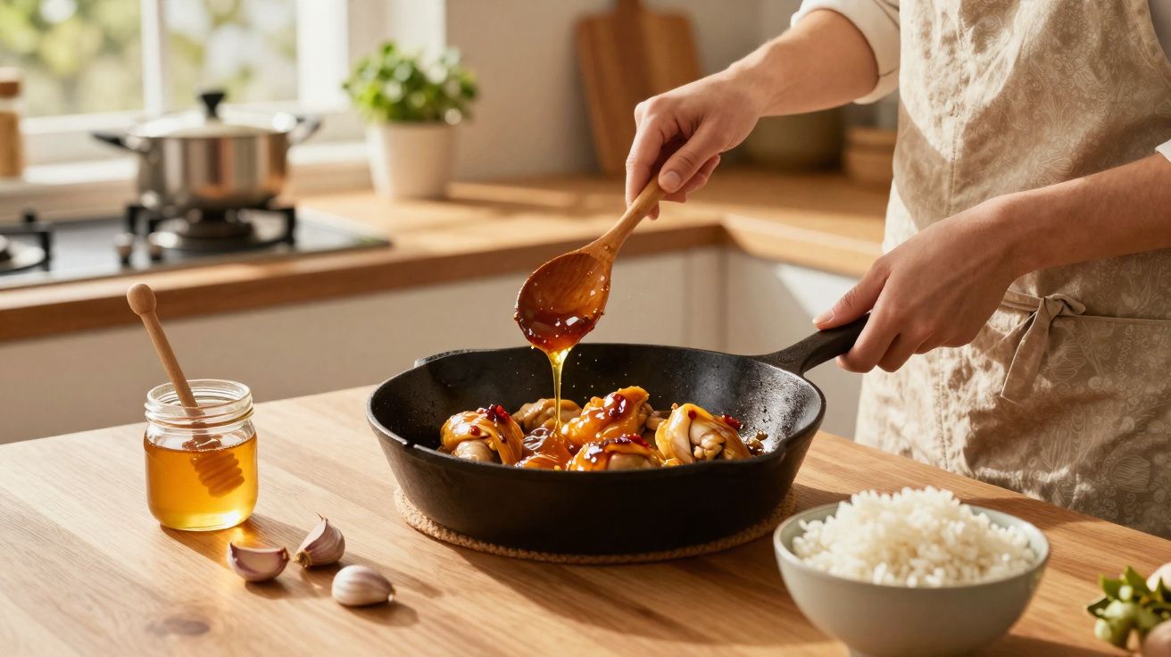 Pessoa regando frango na frigideira com molho adocicado na cozinha clara e organizada.