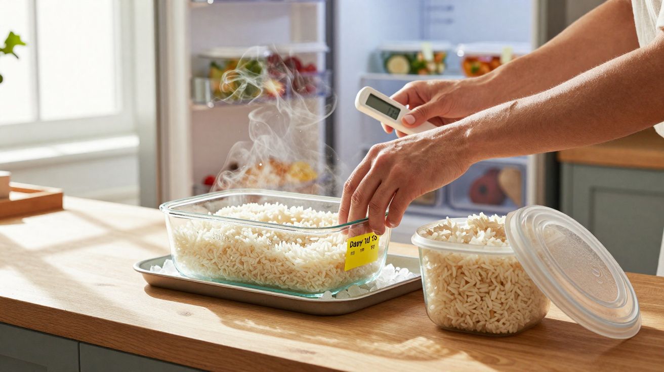 Pessoa medindo a temperatura de arroz quente em recipiente de vidro na cozinha.
