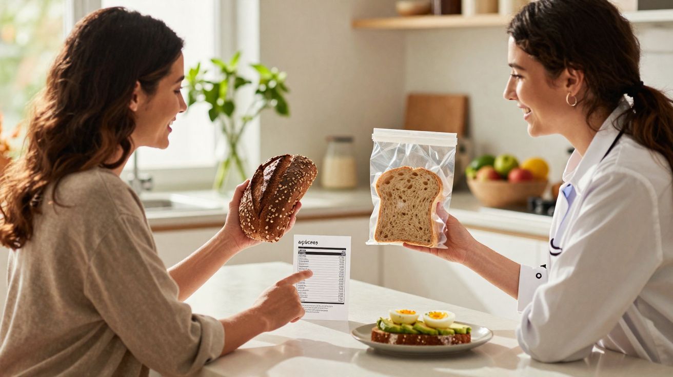 Nutricionista mostrando tipos de pão para paciente avaliar opções saudáveis na cozinha.