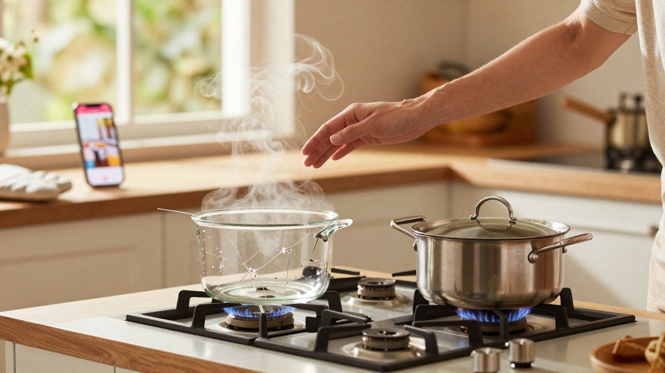 Mão próxima a panela de vidro com vapor no fogão a gás em cozinha moderna iluminada natural.