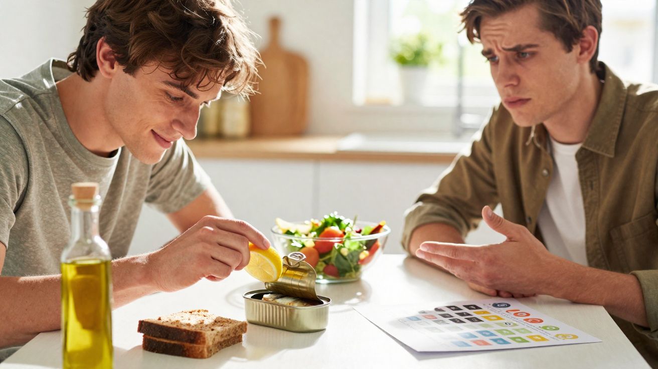 Dois homens sentados à mesa, um comendo sardinha e outro olhando preocupado para um gráfico.