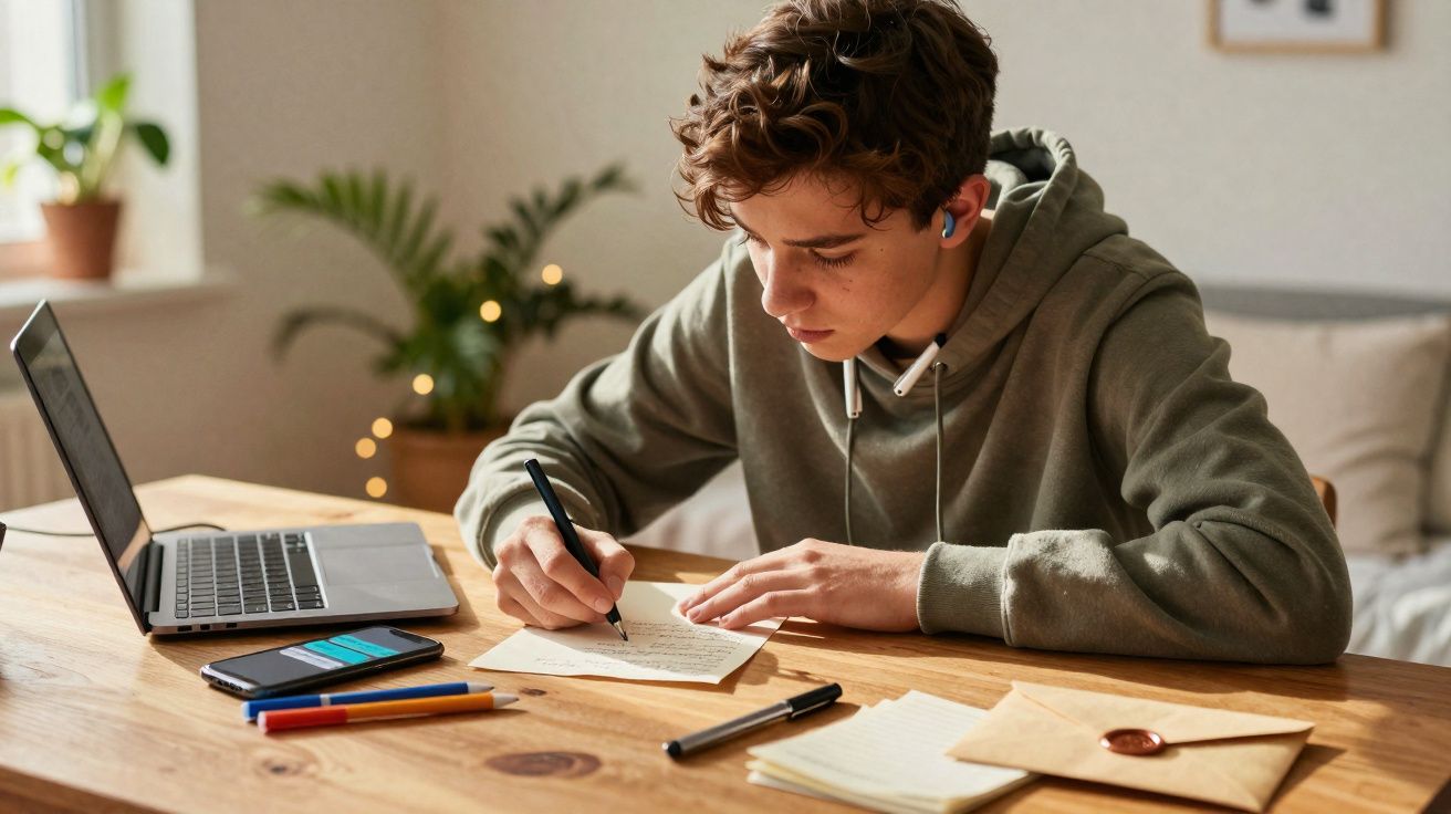 Adolescente escrevendo carta à mão em mesa com laptop, celular e plantas ao fundo.