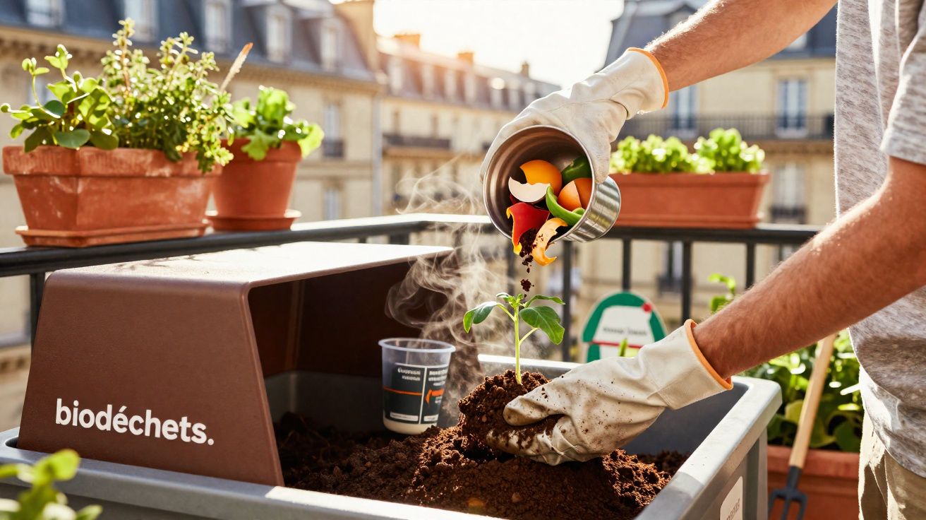 Pessoa colocando restos orgânicos em composteira para fertilizar planta em varanda de apartamento.