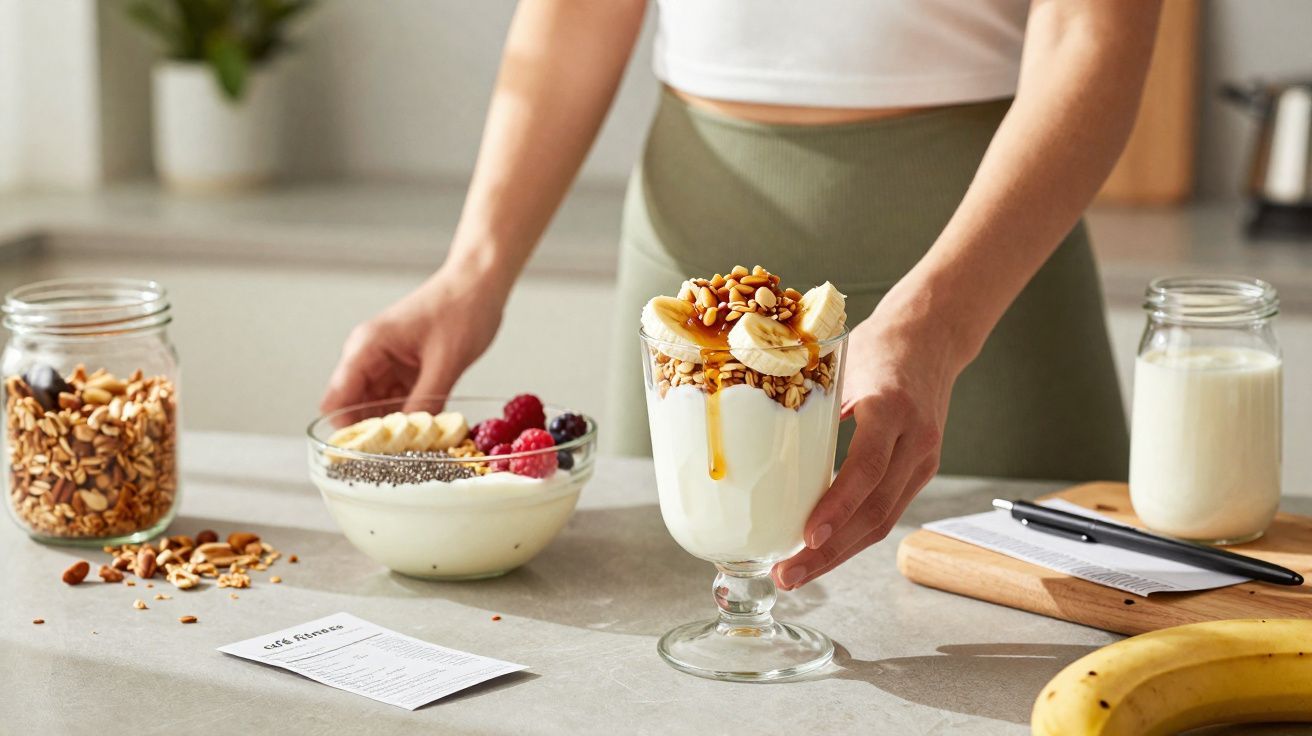 Pessoa preparando café da manhã saudável com iogurte, granola, banana, framboesas e leite na cozinha.