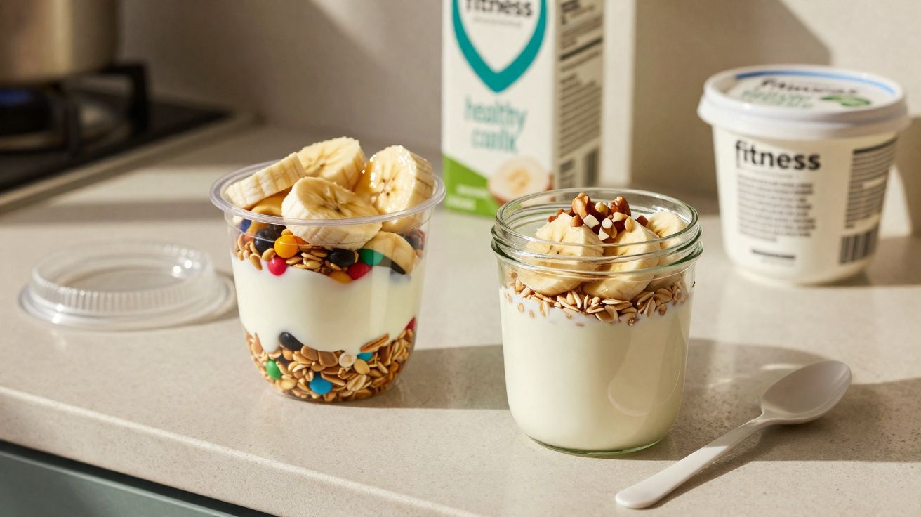 Dois potes de iogurte com granola, pedaços de banana e confeitos coloridos em bancada de cozinha.
