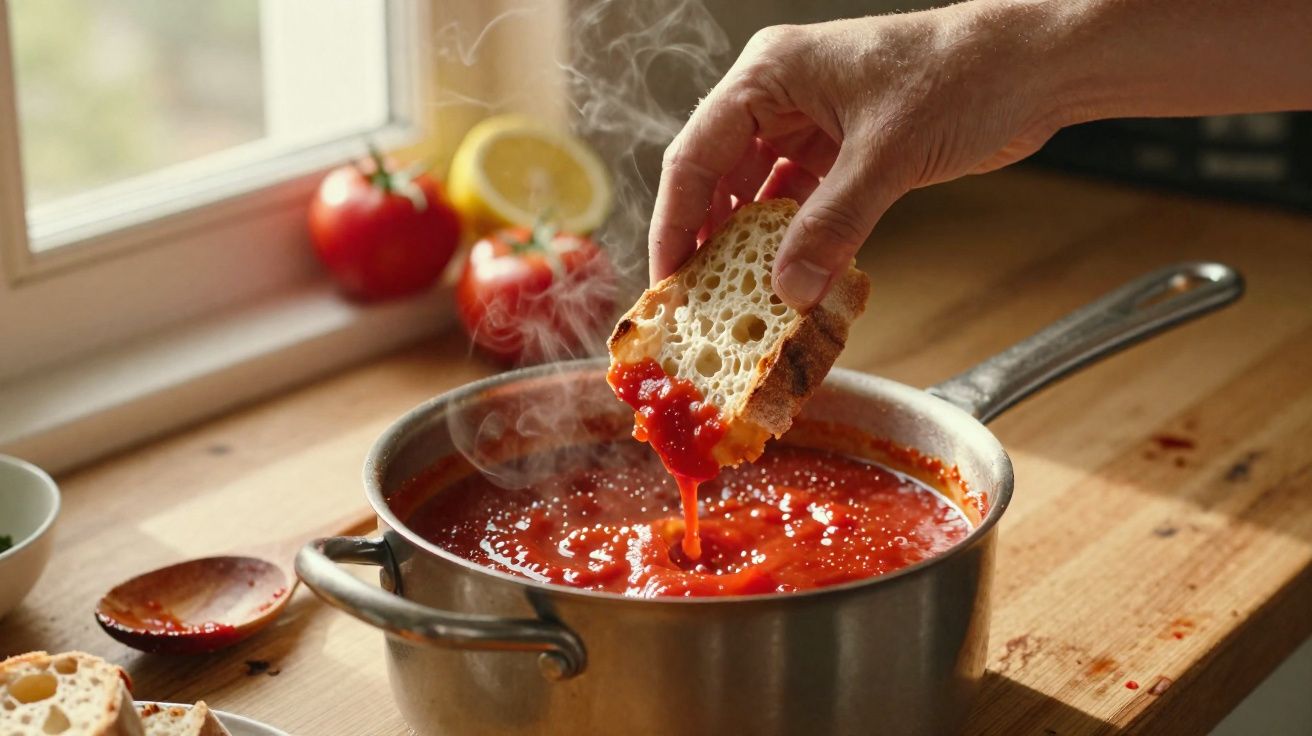 Mão mergulhando pão em panela com molho de tomate quente e fumegante em bancada de madeira.
