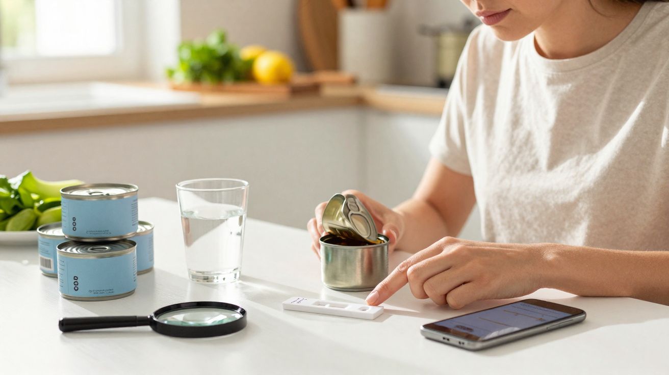 Pessoa abrindo lata de peixe para teste, com lupa, copo d'água, celular e latas empilhadas sobre mesa branca.