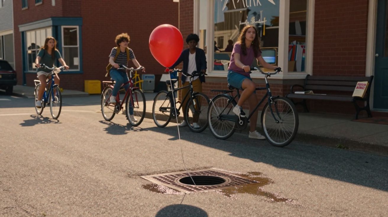 Grupo de jovens andando de bicicleta perto de bueiro com balão vermelho amarrado ao metal da grade.