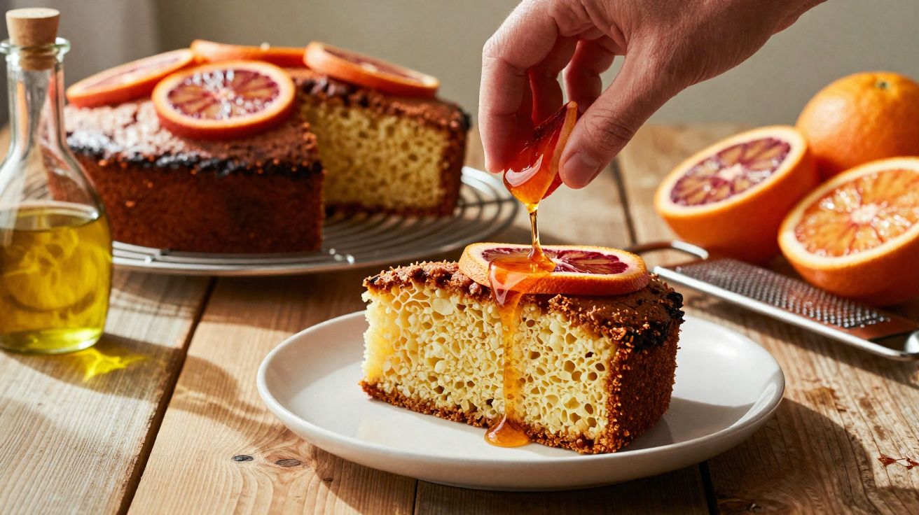 Fatia de bolo com cobertura de laranja e mel sendo derramado, ao fundo bolo inteiro e laranjas cortadas.
