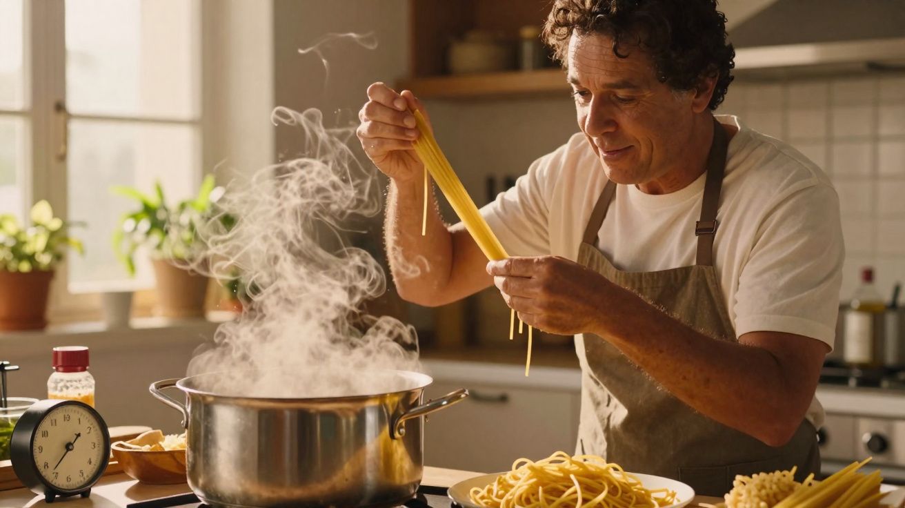 Homem colocando macarrão em panela com vapor na cozinha iluminada pelo sol.