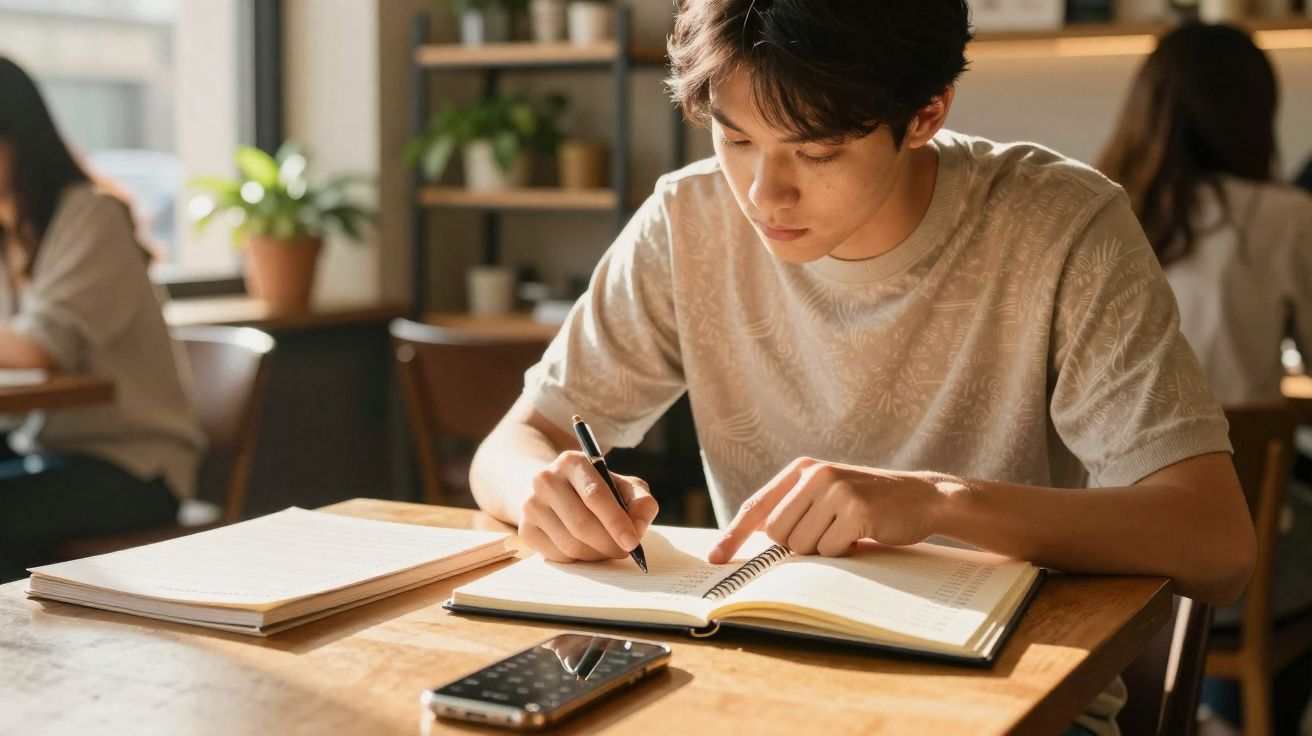 Jovem estudando e escrevendo em caderno aberto em mesa com celular e livros em ambiente iluminado.