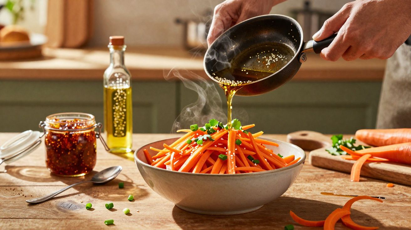 Pessoa regando salada de cenoura com molho quente em tigela na cozinha com ingredientes ao fundo.