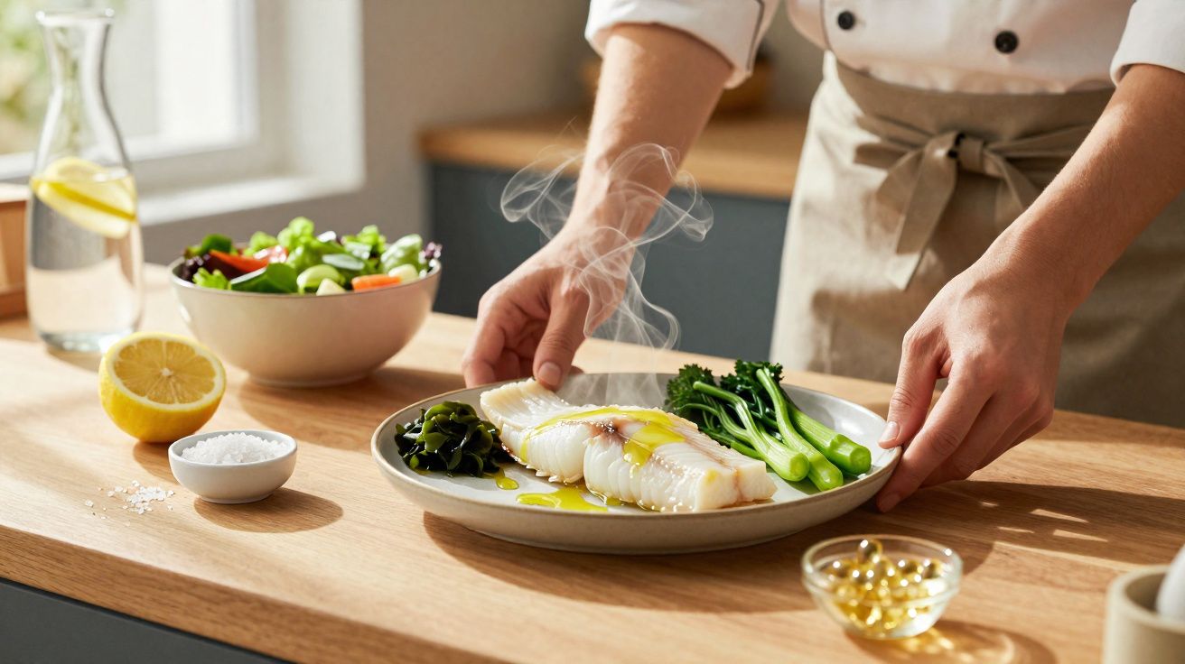 Chef servindo prato com peixe cozido, legumes verdes e salada fresca em bancada de cozinha.